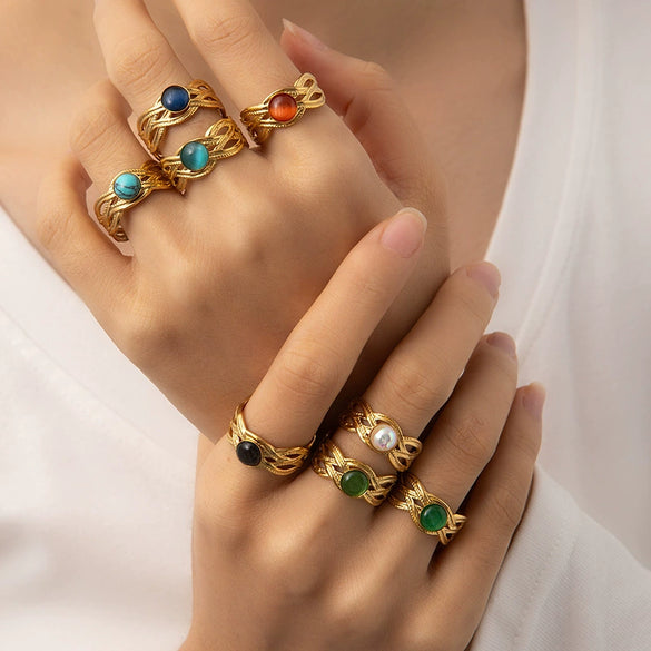Wholesale Titanium Steel Ring Inlaid With Colorful Natural Stone Geometric U Shape Electroplated Unisex
