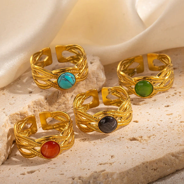 Wholesale Titanium Steel Ring Inlaid With Colorful Natural Stone Geometric U Shape Electroplated Unisex