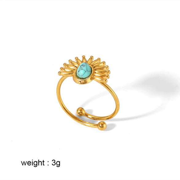 Wholesale Titanium Steel Ring Inlaid With Turquoise And Diamond In Light Luxury Style 18K Gold Plated Stainless Steel For Unisex