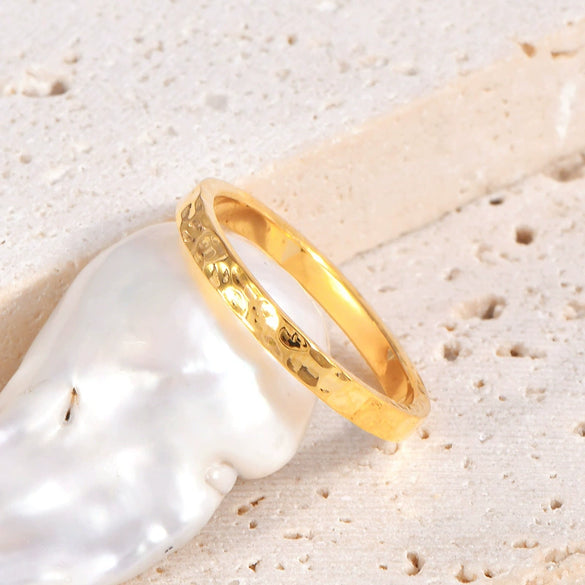 Wholesale Titanium Steel Ring Irregular Texture Hammered Geometric U Shape 18K Gold Electroplated
