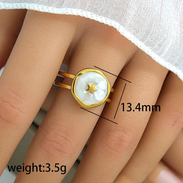 Wholesale Titanium Steel Ring With Black And White Enamel Geometric Design Retro Opening Non Fading Real Gold Plated