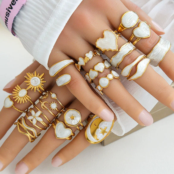 Wholesale Titanium Steel Ring With Black And White Enamel Geometric Design Retro Opening Non Fading Real Gold Plated