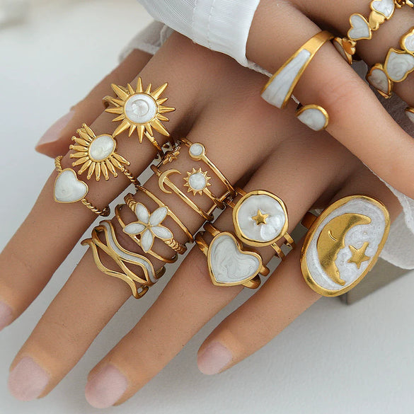 Wholesale Titanium Steel Ring With Black And White Enamel Geometric Design Retro Opening Non Fading Real Gold Plated