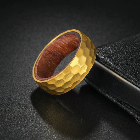 Wholesale Titanium Steel Ring With Hammering Pattern Inlaid Pear Flower Wood And Letters Numbers Text Styling
