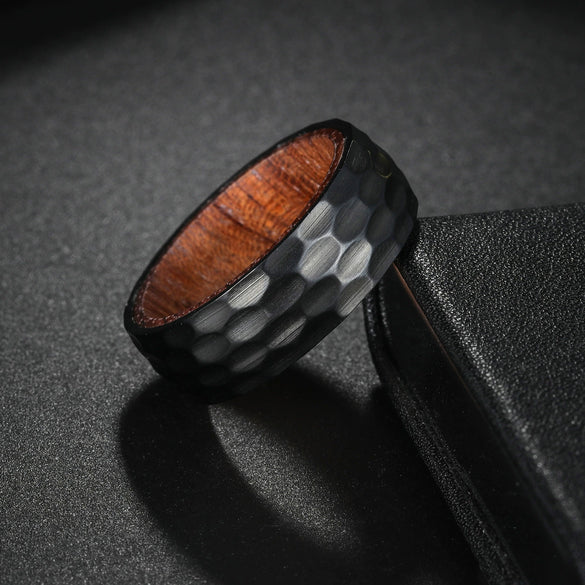 Wholesale Titanium Steel Ring With Hammering Pattern Inlaid Pear Flower Wood And Letters Numbers Text Styling