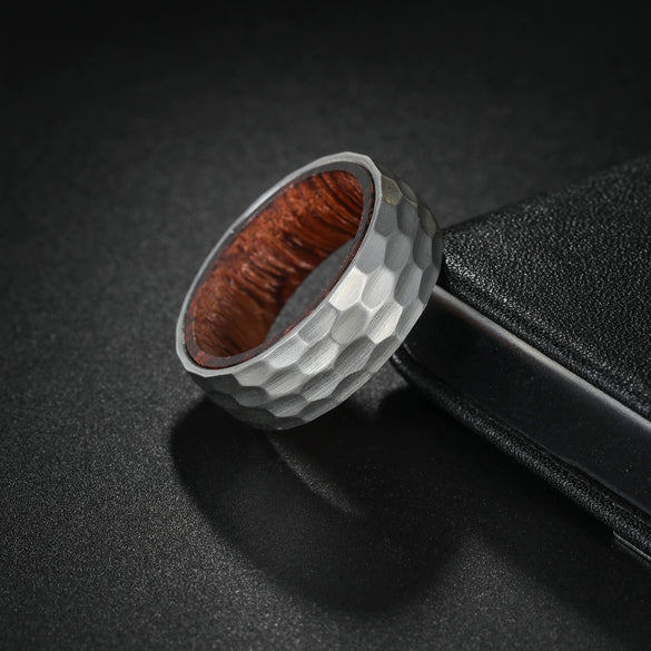 Wholesale Titanium Steel Ring With Hammering Pattern Inlaid Pear Flower Wood And Letters Numbers Text Styling