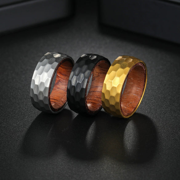 Wholesale Titanium Steel Ring With Hammering Pattern Inlaid Pear Flower Wood And Letters Numbers Text Styling