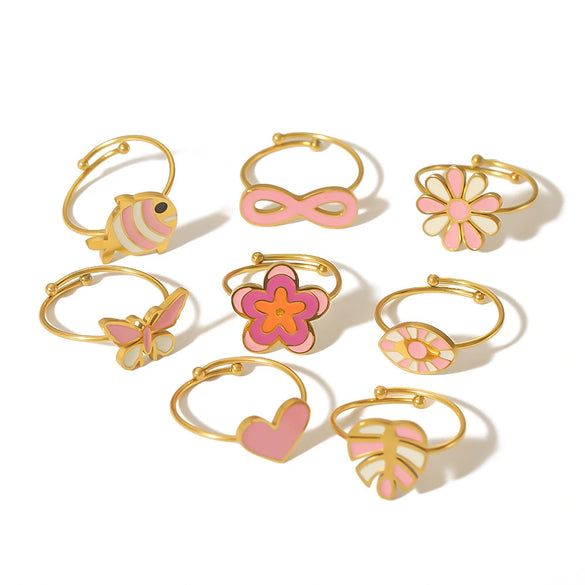 Wholesale Titanium Steel Ring With Peach Powder Drop Oil Design Flower And Insect Patterns