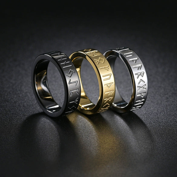Wholesale Titanium Steel Rings With Nordic Pirate Viking Text Rune Pattern And Electroplating Treatment