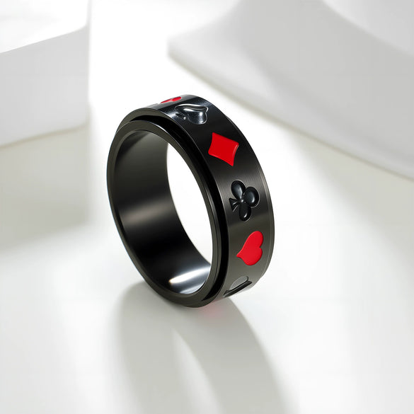 Wholesale Titanium Steel Rotatable Ring With Spades And Red Plum Blossom Square Playing Card Pattern And Electroplating Process