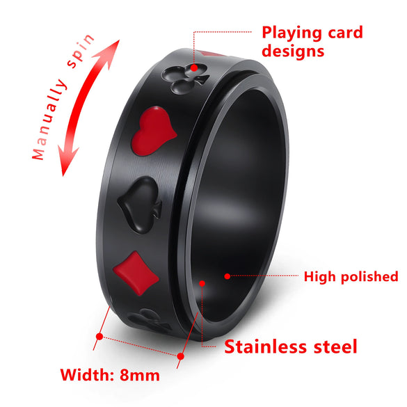 Wholesale Titanium Steel Rotatable Ring With Spades And Red Plum Blossom Square Playing Card Pattern And Electroplating Process