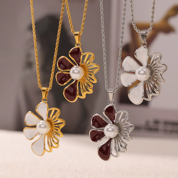 Wholesale 316L Stainless Steel Simple Geometric And Flower Pendant Twist Chain Necklace With Electroplating