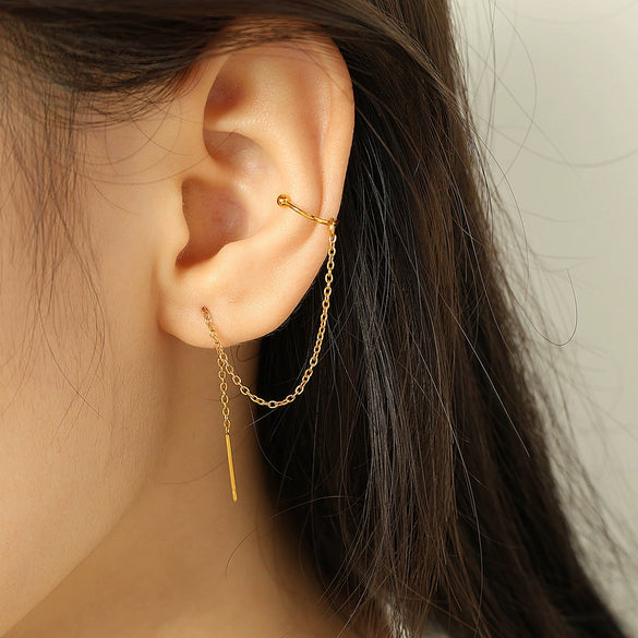 Wholesale 316L Stainless Steel Simple Geometric Ushape Electroplated Women's Twowear Long Tassel Ear Clip Earrings