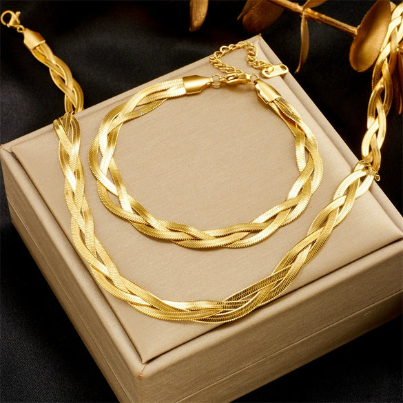 Wholesale Titanium Steel Snake Bone Chain Necklace And Threestrand Braided Bracelet With Geometric Design And Electroplating Treatment For Unisex