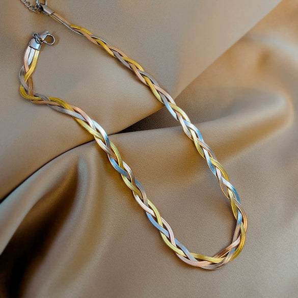 Wholesale Titanium Steel Snake Bone Chain Necklace And Threestrand Braided Bracelet With Geometric Design And Electroplating Treatment For Unisex