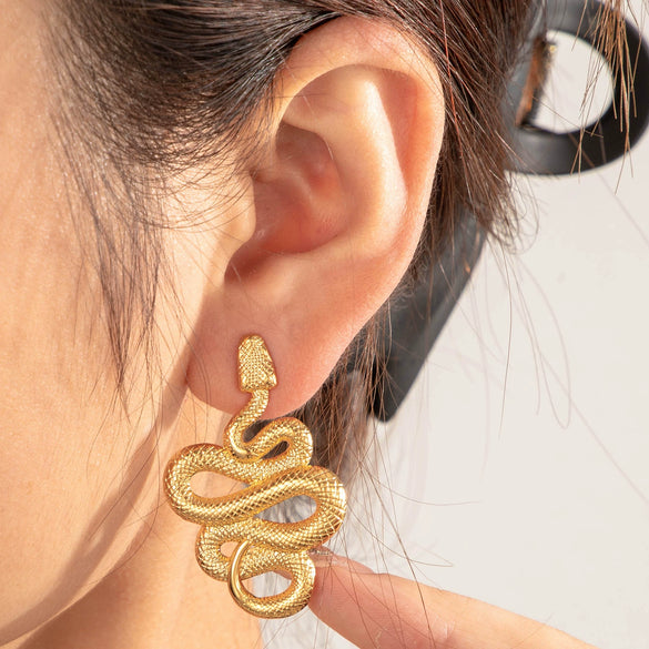Wholesale Titanium Steel Snake Shaped Exaggerated Retro Earrings With Animal Pattern And Electroplating