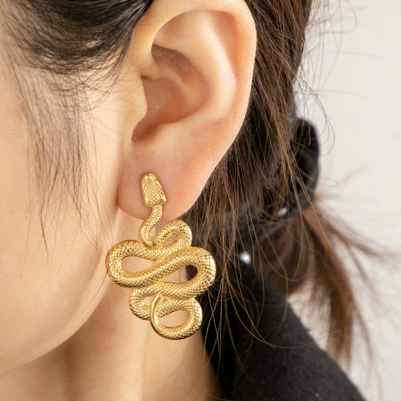Wholesale Titanium Steel Snake Shaped Exaggerated Retro Earrings With Animal Pattern And Electroplating