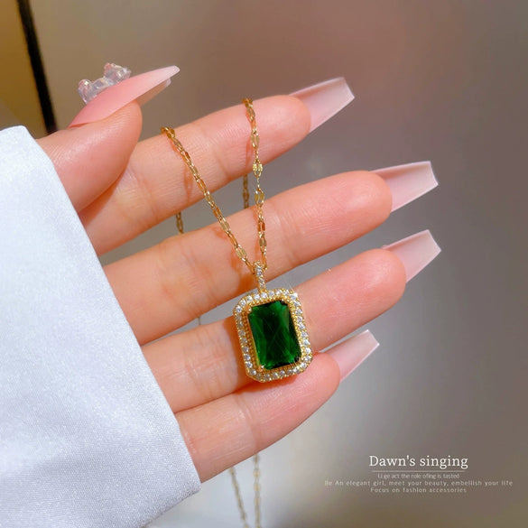 Wholesale Titanium Steel Square Emerald Necklace With Diamond Microinlaid And Copper Plated Gold Pendant Geometric Style For Women