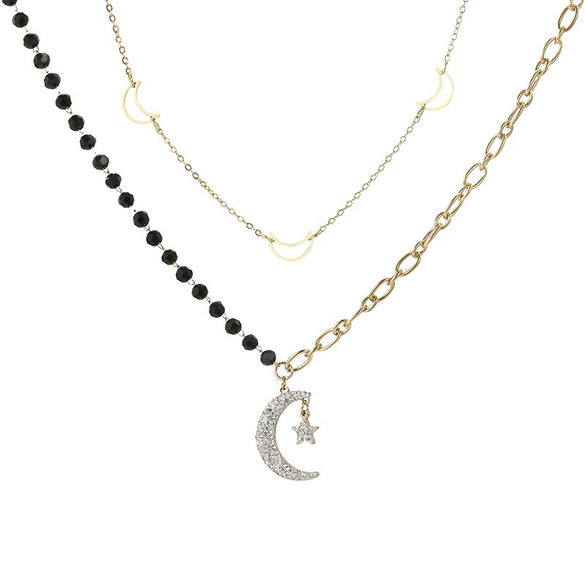 Wholesale Titanium Steel Star Moon Doublelayer Necklace With Electroplating And Black Beaded Design For Women