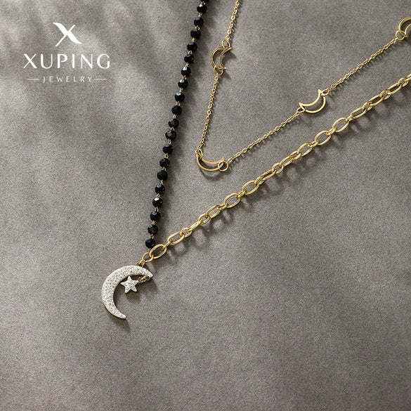 Wholesale Titanium Steel Star Moon Doublelayer Necklace With Electroplating And Black Beaded Design For Women
