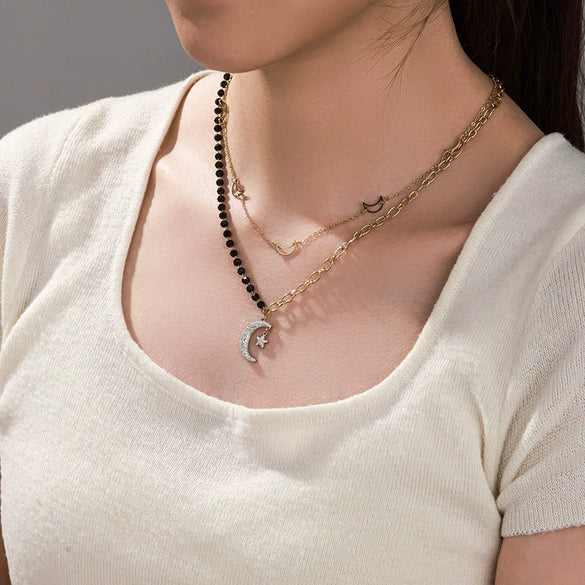 Wholesale Titanium Steel Star Moon Doublelayer Necklace With Electroplating And Black Beaded Design For Women