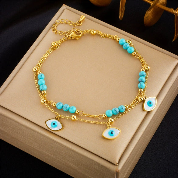 Wholesale Titanium Steel Star Pattern Doublelayer Stacked Irregular Chain Beaded Anklet For Women