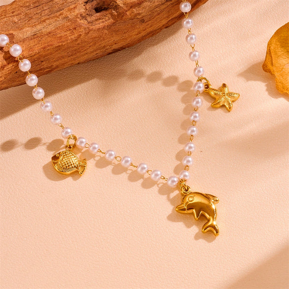 Wholesale Titanium Steel Sweet Style Geometric Starfish Shell Pendant Necklace With Box Chain Electroplating Treatment
