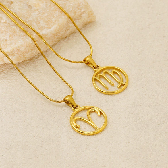 Wholesale Titanium Steel Twelve Constellations Cut Out Pendant Snake Bone Chain Necklace Electroplated