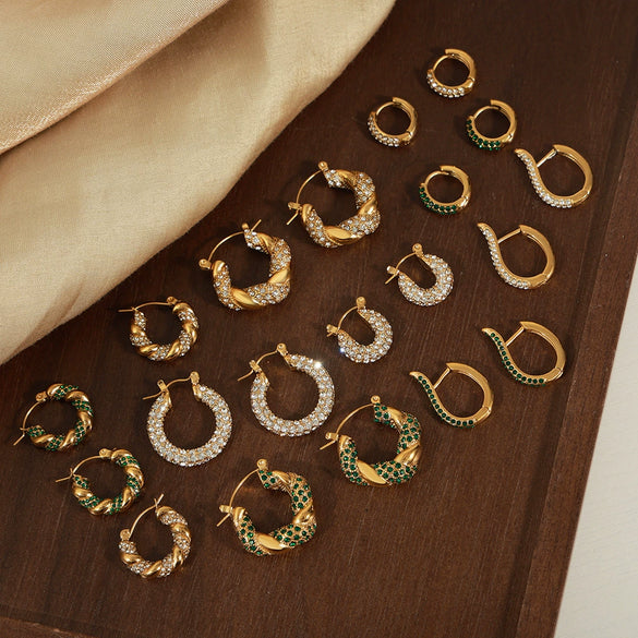 Wholesale Titanium Steel Ushape Geometric Retro Gold Inlaid Zircon Earrings For Women Electroplated
