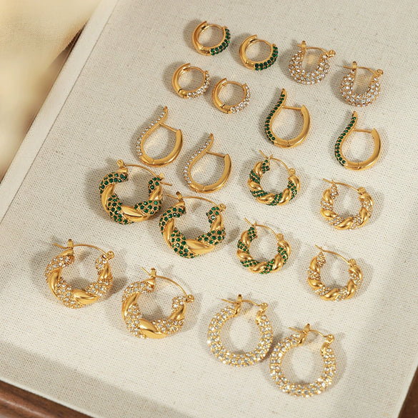 Wholesale Titanium Steel Ushape Geometric Retro Gold Inlaid Zircon Earrings For Women Electroplated
