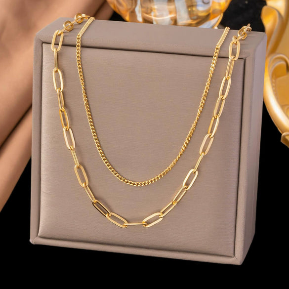 Wholesale Titanium Steel Ushaped Real Gold Plated Light Luxury Geometric Doublelayer Necklace For Women
