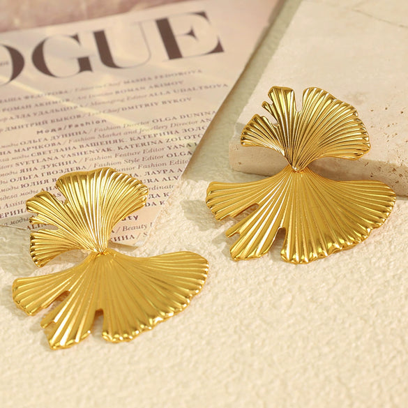 Wholesale 316L Stainless Steel Vintage Style Ginkgo Leaf Electroplated Earrings For Women