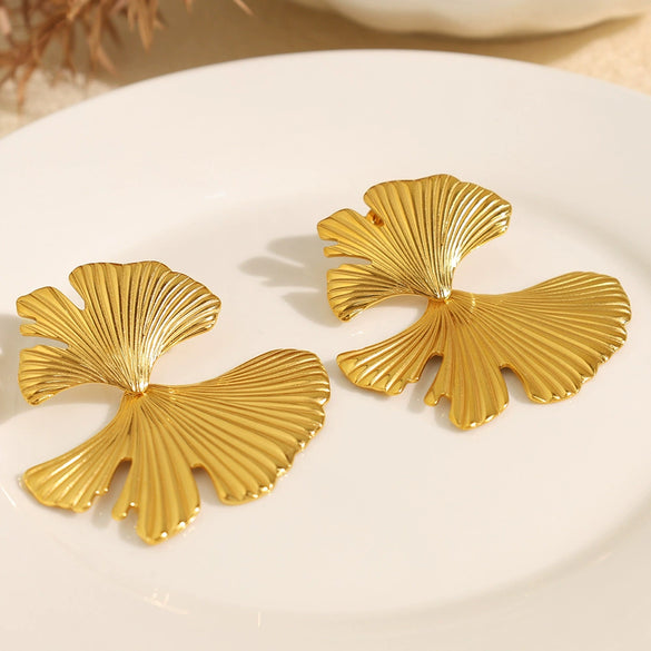 Wholesale 316L Stainless Steel Vintage Style Ginkgo Leaf Electroplated Earrings For Women