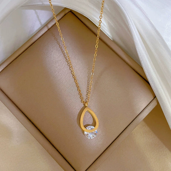 Wholesale Titanium Steel Water Drop Geometric Style Electroplated Zircon Necklace For Female