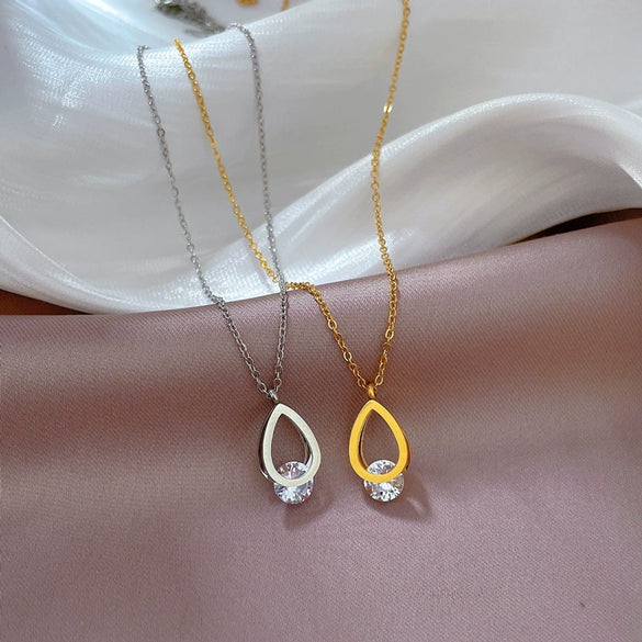 Wholesale Titanium Steel Water Drop Geometric Style Electroplated Zircon Necklace For Female