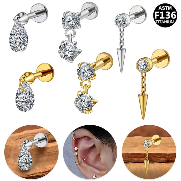 Wholesale Titanium Steel Water Drop Zircon Ear Nail And Lip Nail With Heart Bow Tie Star Shape Electroplating For Unisex