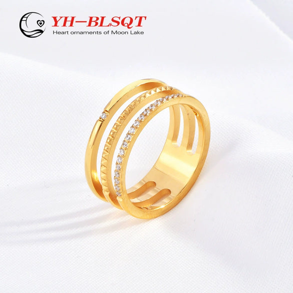 Wholesale Titanium Steel Wave Carved Hollow Three Layer Gear Micro Diamond Ring For Women