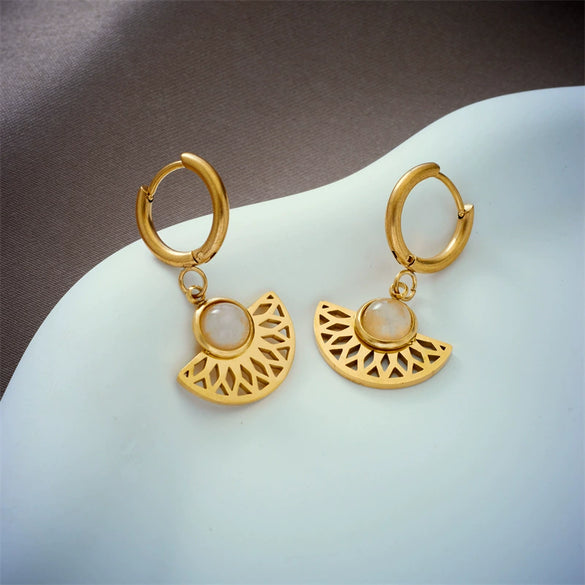 Wholesale Titanium Steel Women's Ancient Style Earrings With Hollow Geometric Fanshaped Natural Stone Pendant And Electroplating Treatment