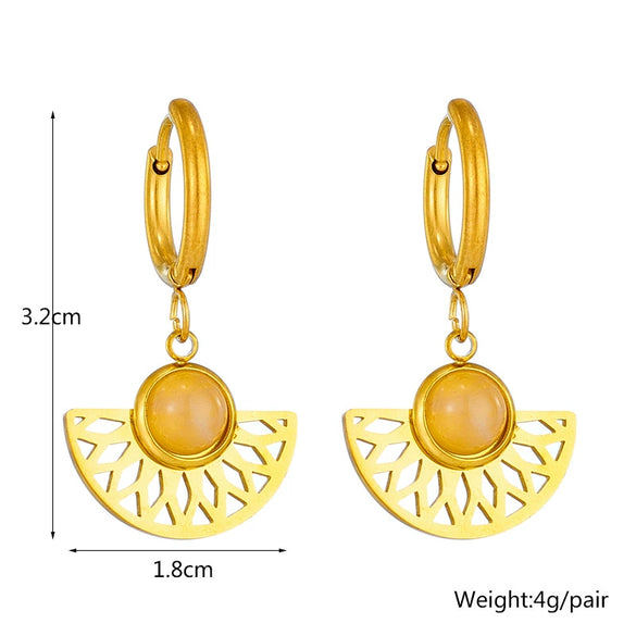 Wholesale Titanium Steel Women's Ancient Style Earrings With Hollow Geometric Fanshaped Natural Stone Pendant And Electroplating Treatment
