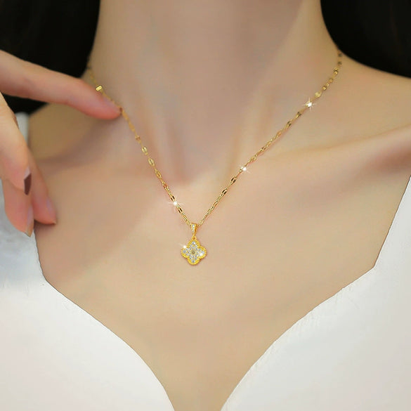 Wholesale Titanium Steel Women's Diamond Flower Ochain Necklace With Geometric Pattern And Cartoon Style