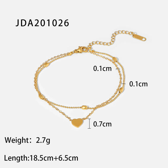 Wholesale Titanium Steel Women's Double Layer Anklet With 18K Gold Love Pendant And Oval Bead Chain Geometric Style