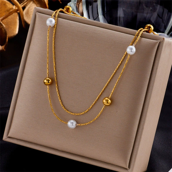 Wholesale Titanium Steel Women's Double Layer Cold Style Clavicle Chain With Lucky Beads Necklace