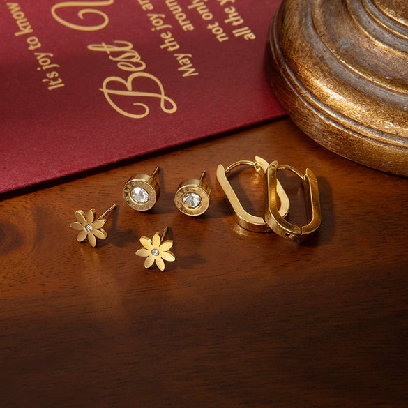Wholesale Titanium Steel Women's Earrings Set Creative Geometric Simple Roman Circle Flower Electroplated