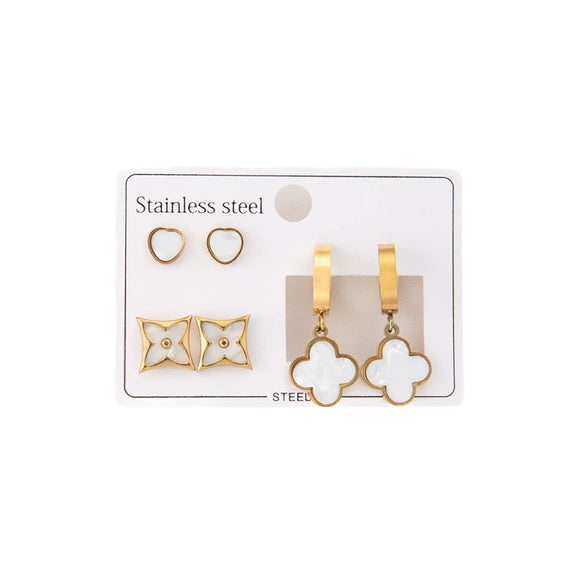 Wholesale Titanium Steel Women's Earrings Set With Heart Shape And Four Leaf Flower Pattern Electroplated