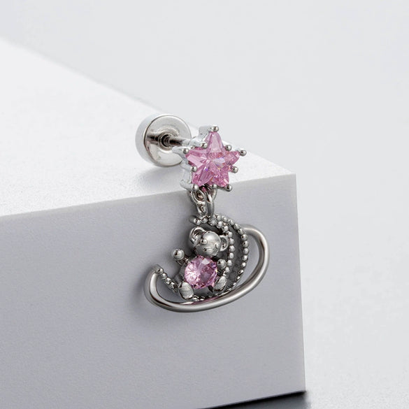 Wholesale Titanium Steel Women's Fairy Style Ear Nail With Pink Zircon And Heart Fivepointed Star Love Bear Shapes