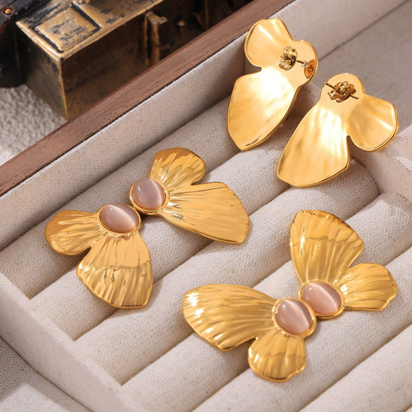 Wholesale 316L Stainless Steel Women's Geometric Butterfly Shape Electroplated Earrings Inlaid With Cat's Eye Stone