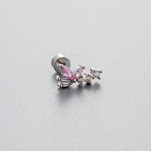 Wholesale Titanium Steel Women's Heart Shape Pink Zircon Butterfly Screw Ear Nail With Fairy Style