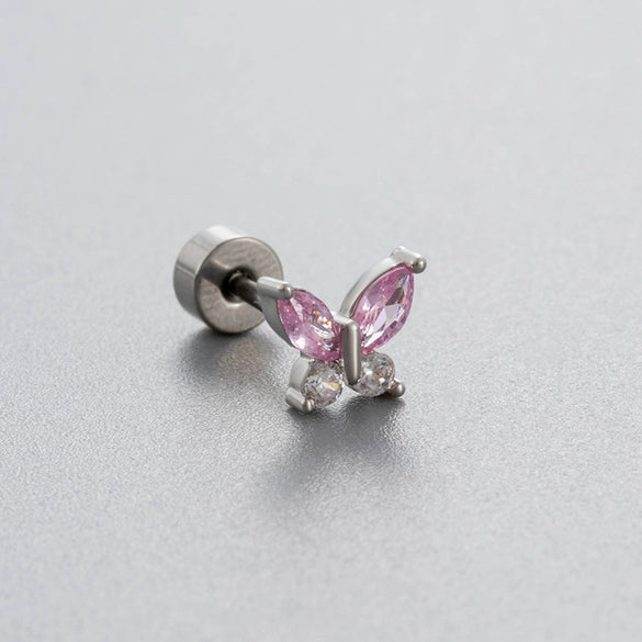 Wholesale Titanium Steel Women's Heart Shape Pink Zircon Butterfly Screw Ear Nail With Fairy Style