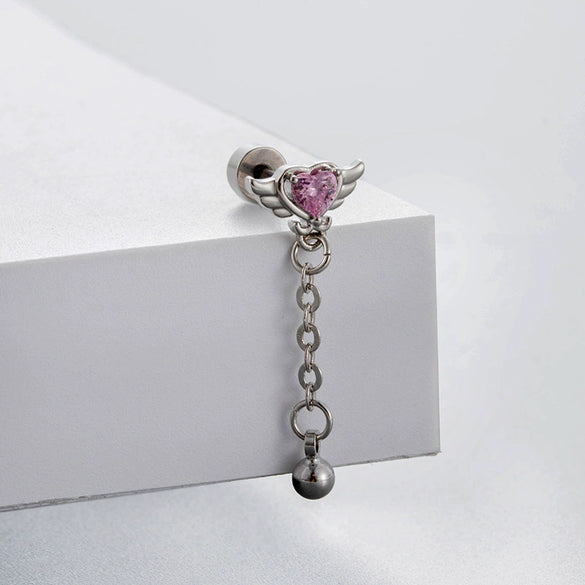 Wholesale Titanium Steel Women's Heart Shape Pink Zircon Butterfly Screw Ear Nail With Fairy Style