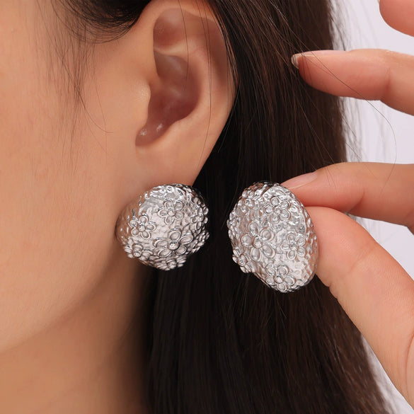 Wholesale 316L Stainless Steel Women's Irregular Bump Texture Geometric Carved Flower Shape Earrings With Electroplating